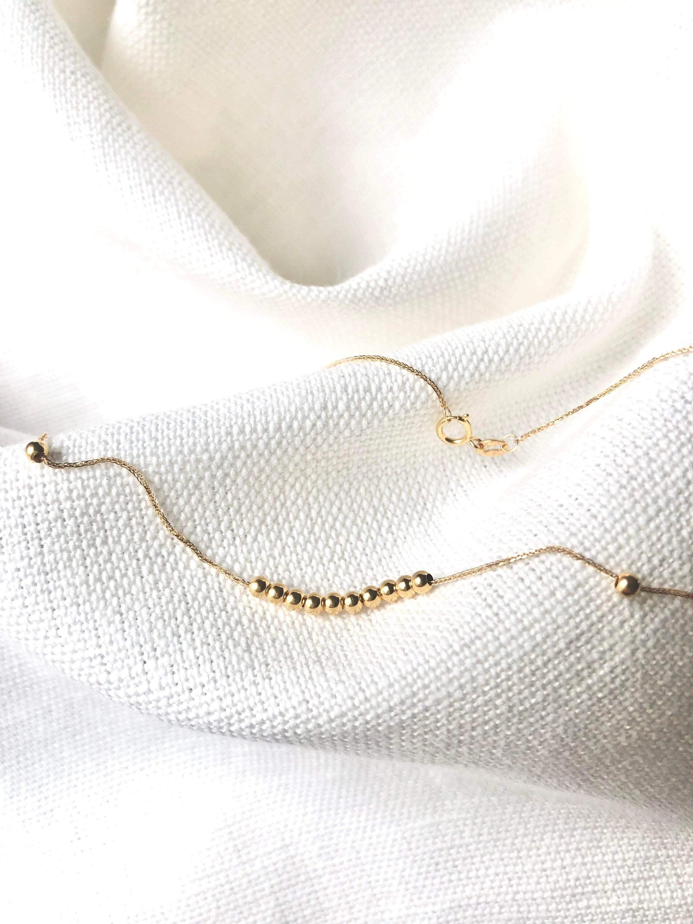 18K Yellow Gold Running Beads Necklace, Minimalist Dainty Chain, Solid Gold Jewelry