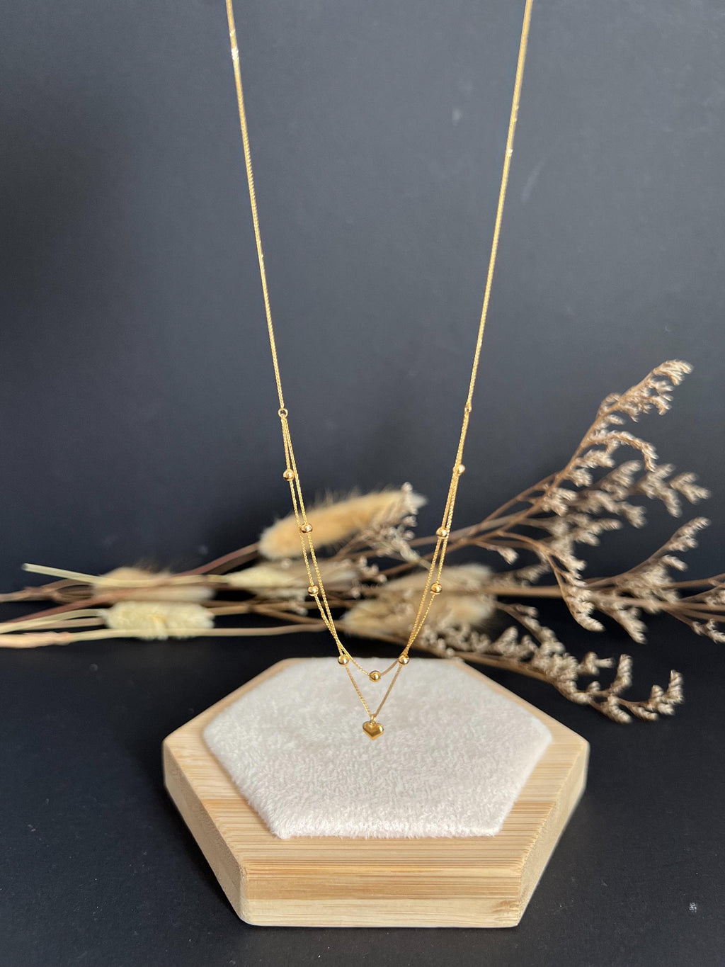 18K Solid Gold Double Strand Necklace with Heart Pendant, Dainty Layered Gold Necklace, Minimalist Jewelry, Gift for Her