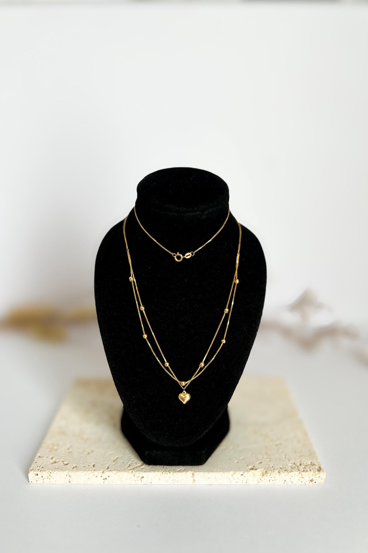 18K Solid Gold Double Strand Necklace with Heart Pendant, Dainty Layered Gold Necklace, Minimalist Jewelry, Gift for Her