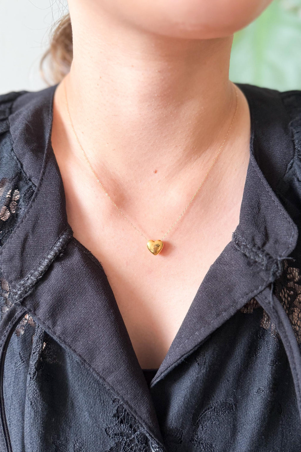 18K Solid Gold Heart Necklace, Floral Charm, Adjustable 16-18 Inch, Minimalist Jewelry