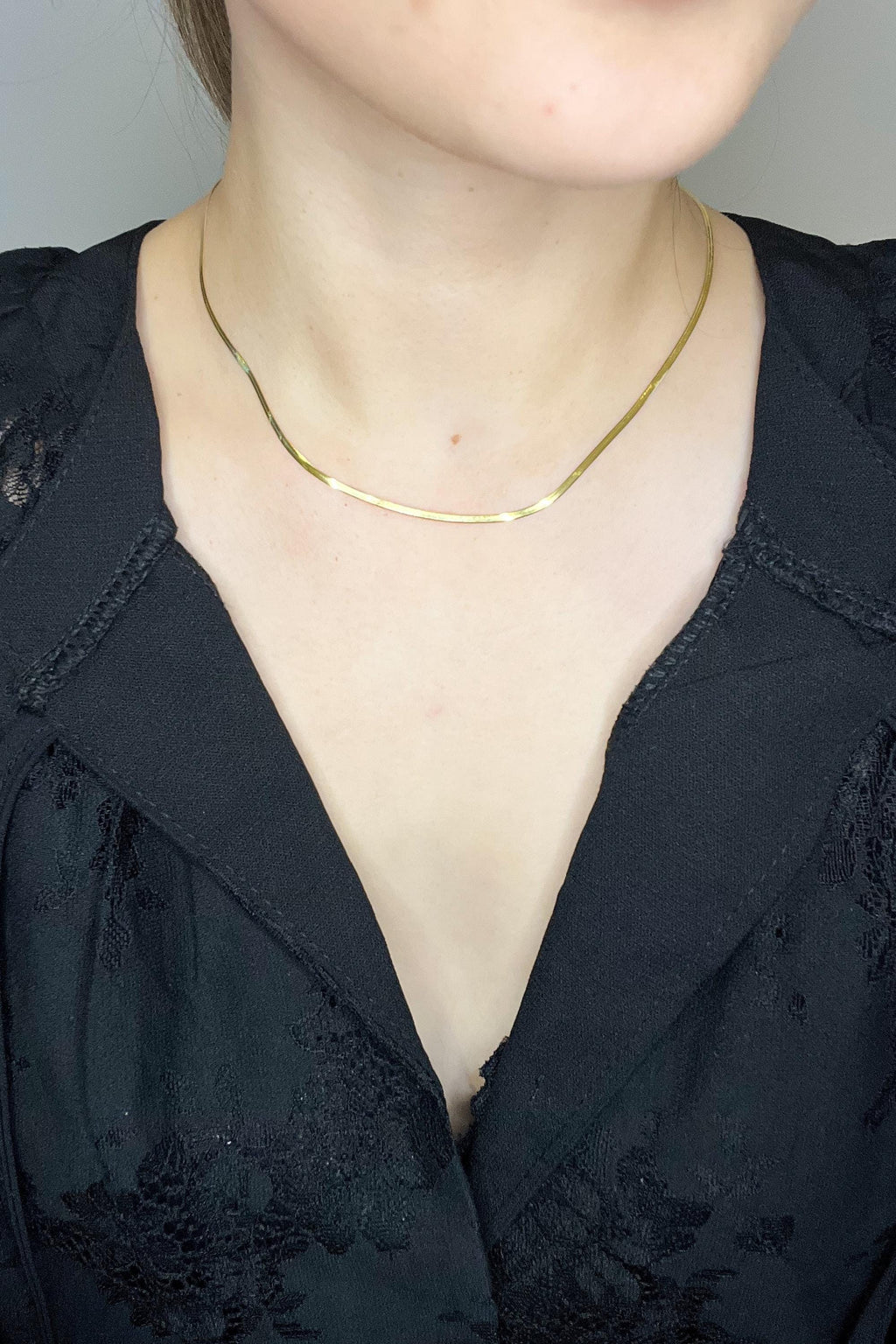 18K Solid Gold Flat Herringbone Necklace: Adjustable 2mm Chain