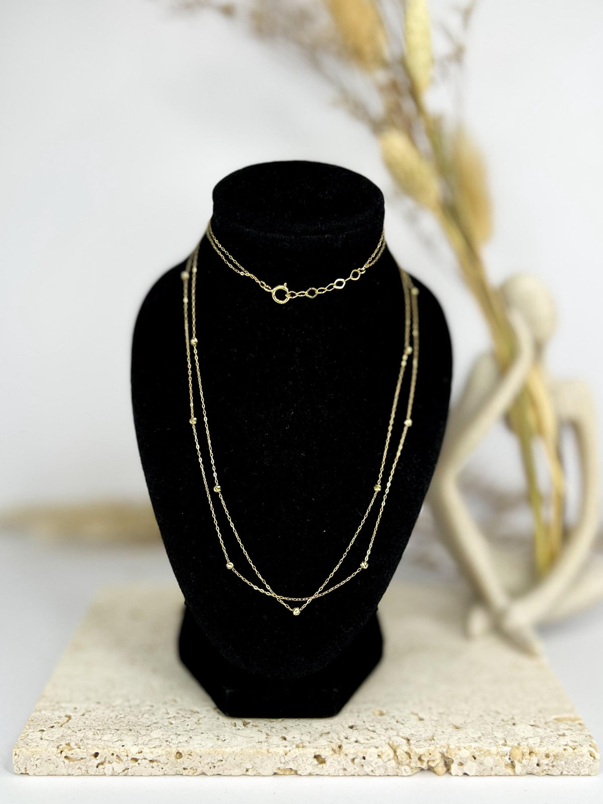 18K Solid Gold Double Strand Station Necklace, Dainty Layered Beaded Chain, Minimalist Jewelry