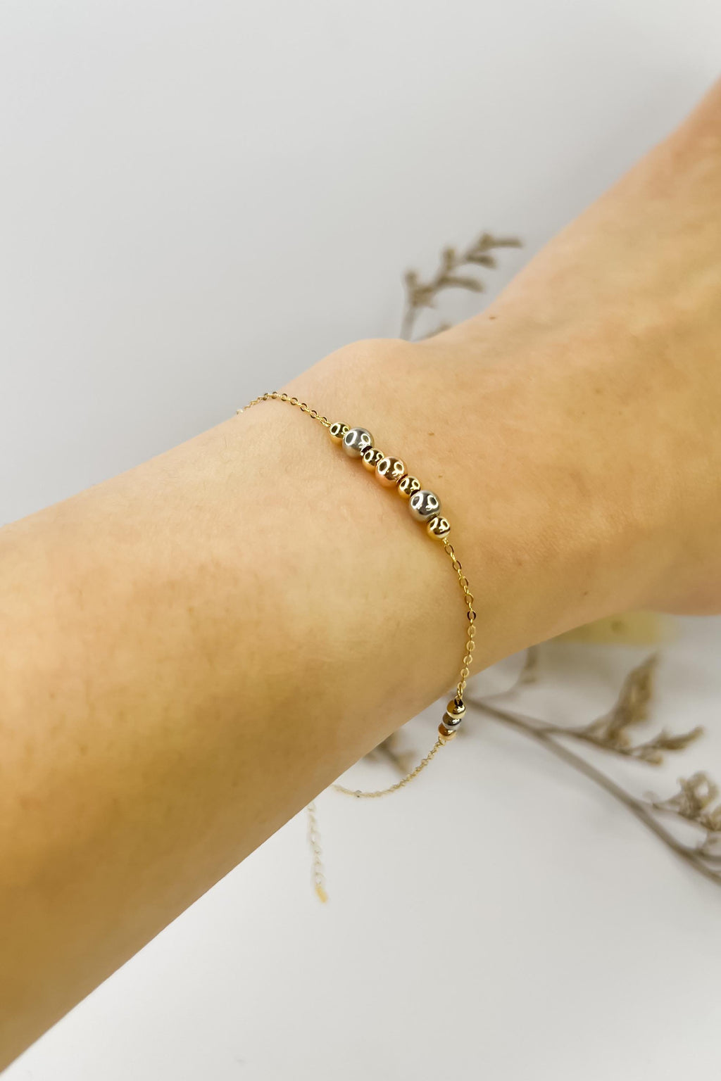 18k Solid Gold Tricolour Beaded Centre Piece Bracelet - Unique - Au750 - Yellow/White/Rose Gold - Ideal Gift for Her -Dainty - Birthday Gift