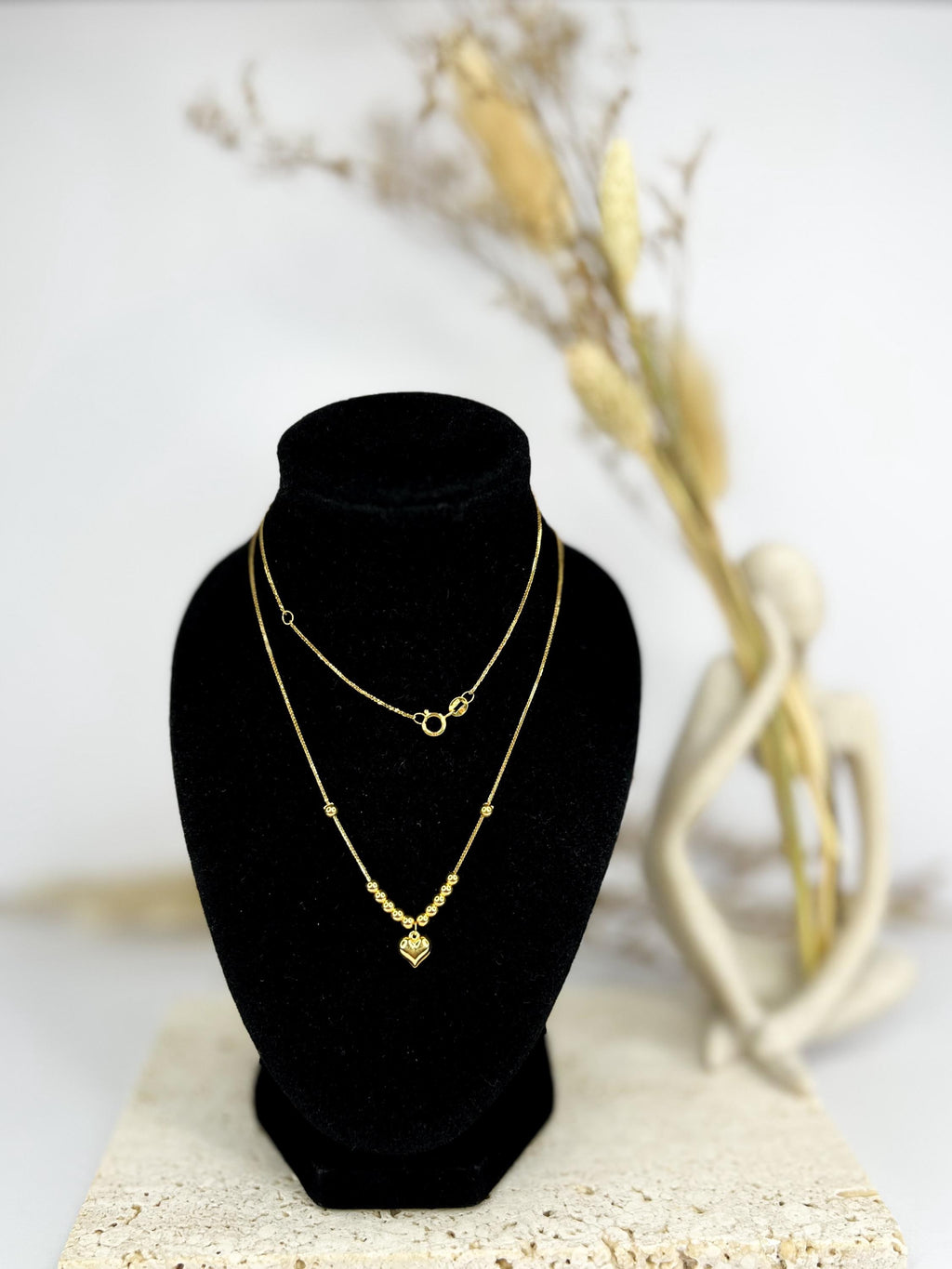 18K Solid Gold Heart Necklace, Beaded Chain, Non- Adjustable Length, Au750 Hallmark