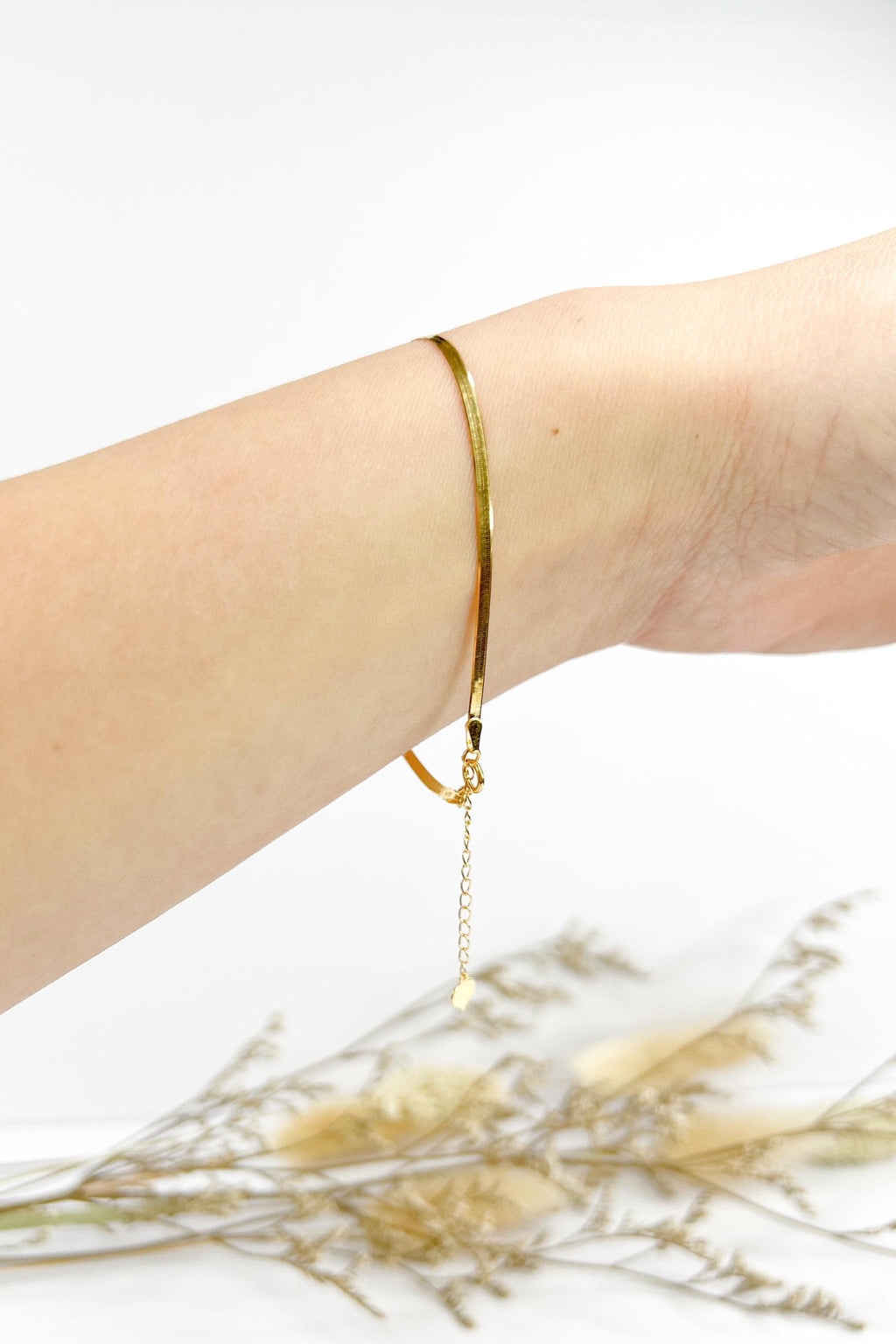 18K Solid Gold Herringbone Bracelet, Petite Flat Dainty Adjustable Jewelry