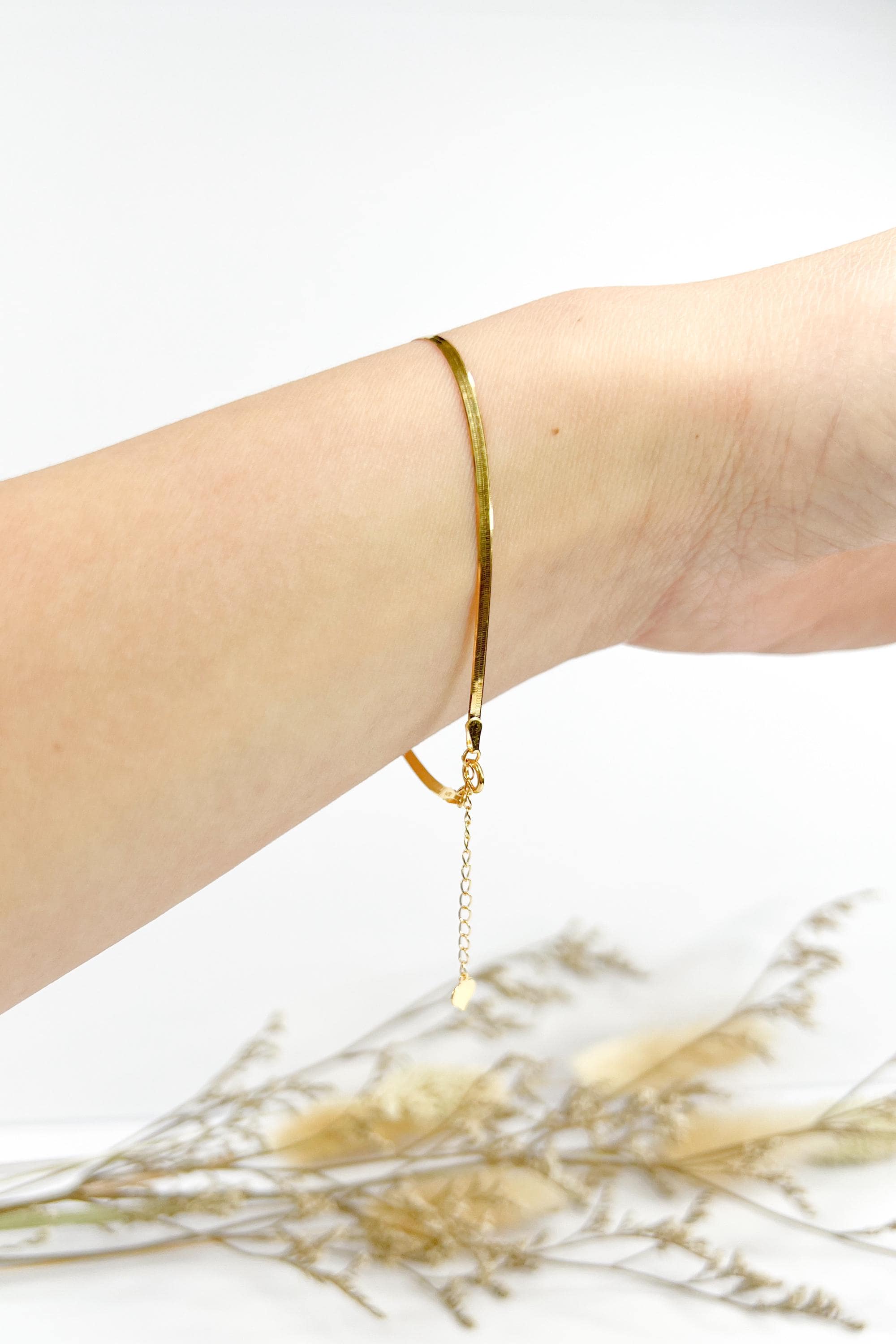 18K Solid Gold Herringbone Bracelet, Petite Flat Dainty Adjustable Jewelry