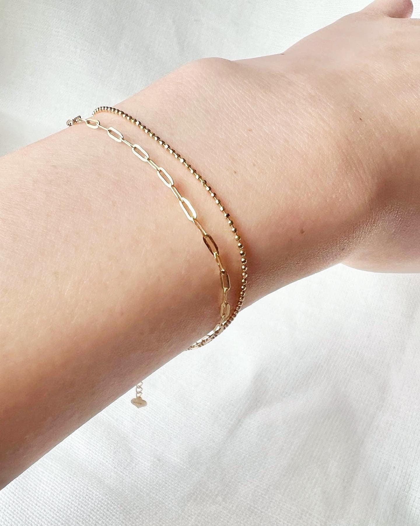 18K Solid Gold Double Strand Paperclip Beaded Bracelet, Dainty Layered Minimalist Jewelry