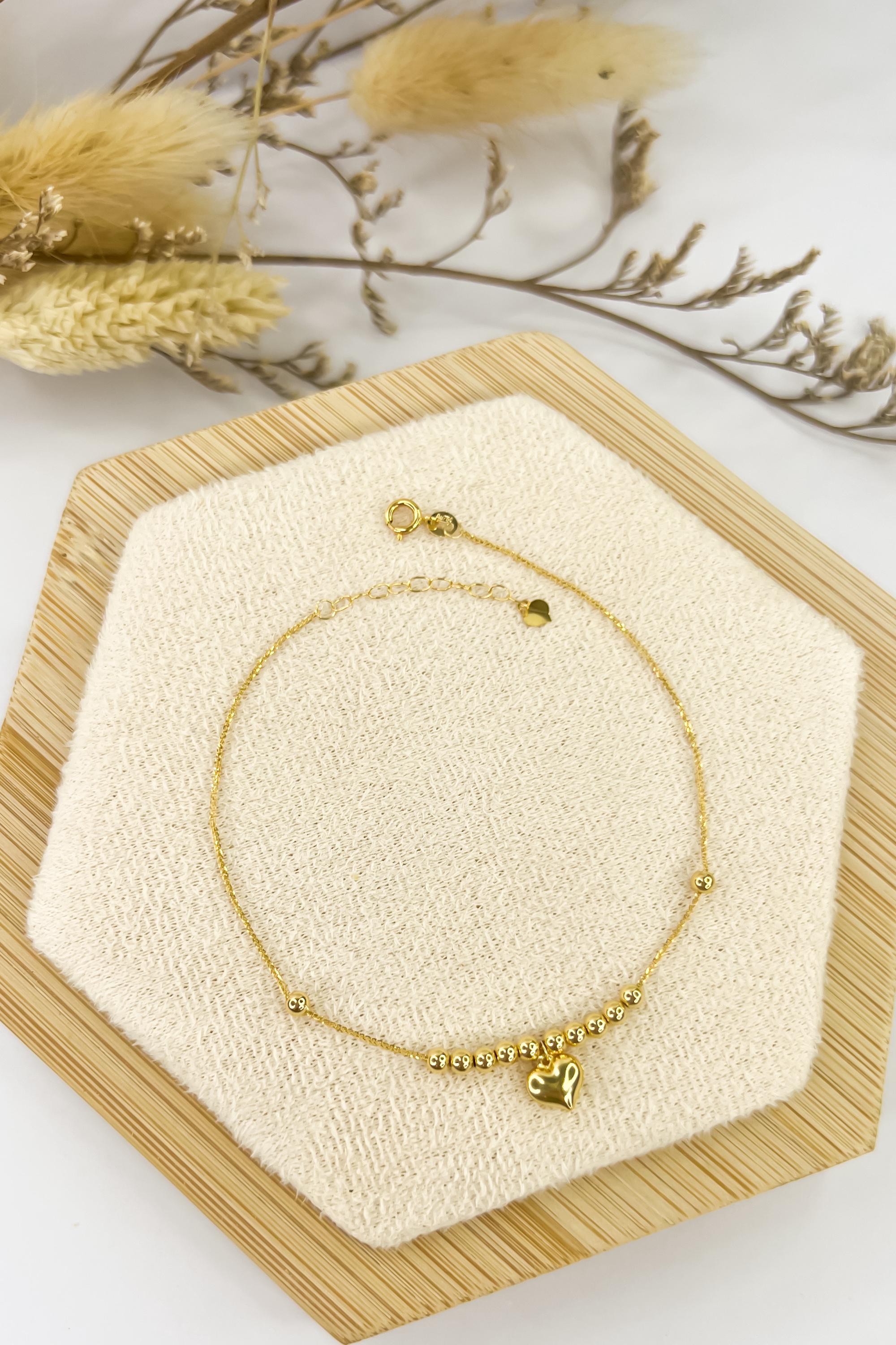 18k Solid Gold Beaded with Heart Centre Piece Charm Bracelet - Unique - Au750 - Yellow Gold - Ideal Gift for Her - Best Gift for her