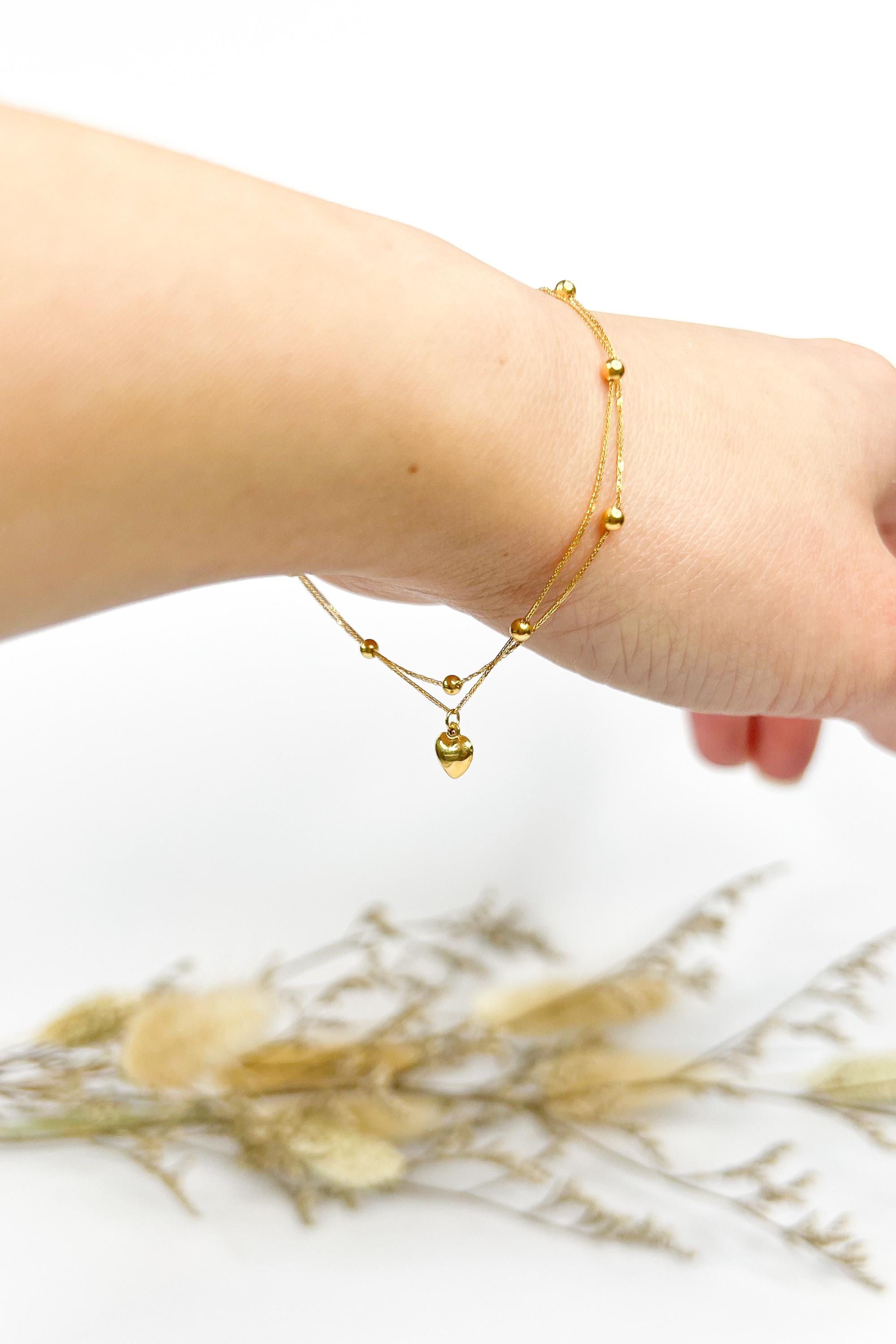18K Solid Gold Beaded Bracelet with Heart - Double Strand Adjustable