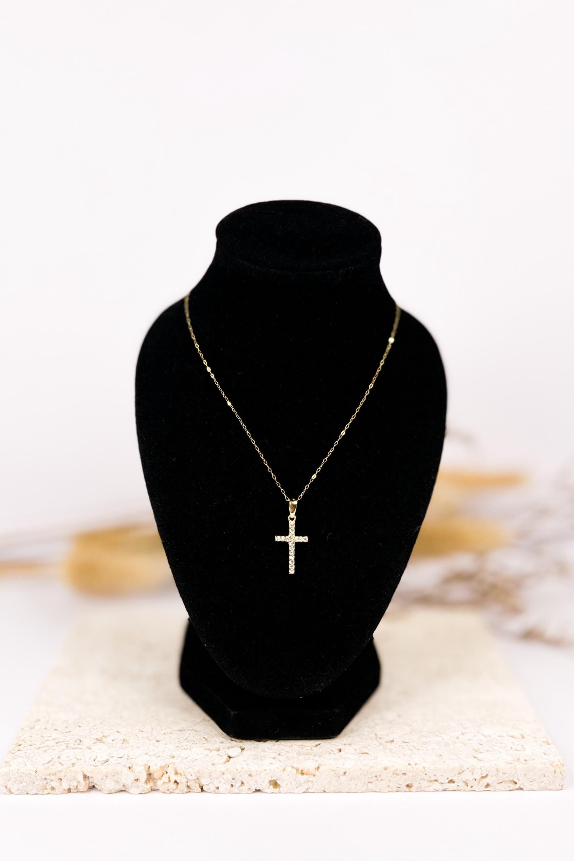 18K Solid Gold Cross Necklace, Moissanite Multi-Gem Charms, Dainty Religious Jewelry