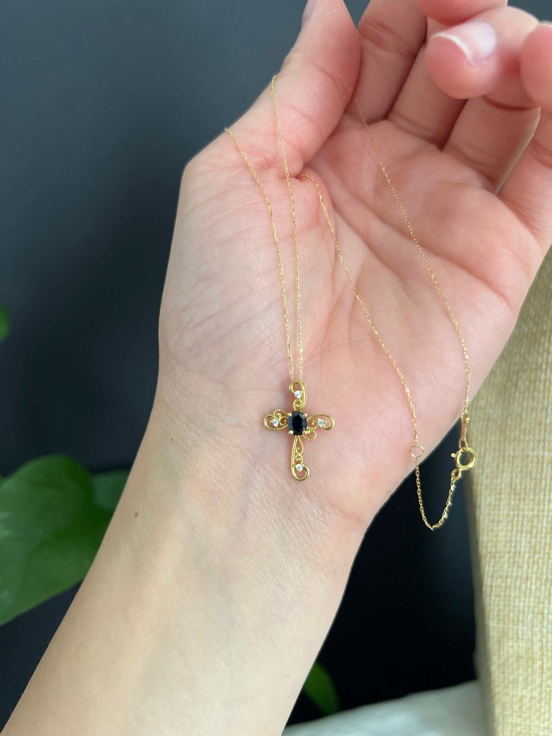 18K Solid Gold Cross Necklace, Diamond Sapphire, Dainty Religious Jewelry