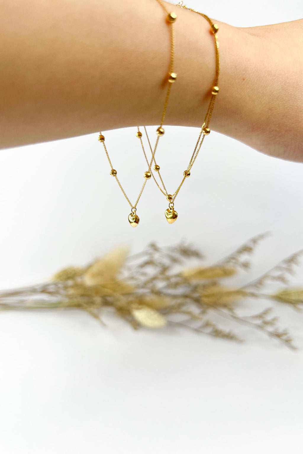 18K Solid Gold Beaded Bracelet with Heart - Double Strand Adjustable
