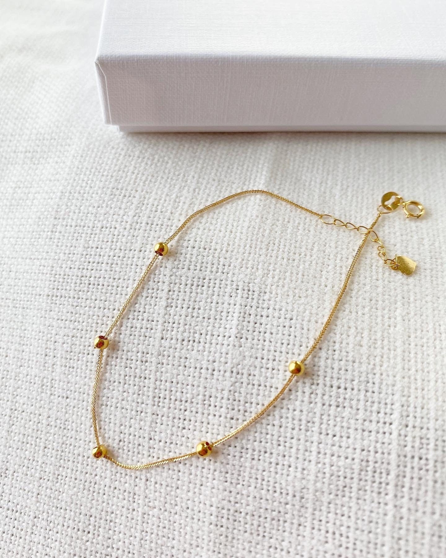 18K Solid Gold Beaded Bracelet, Minimalist Dainty Chain Jewelry, Adjustable Au750
