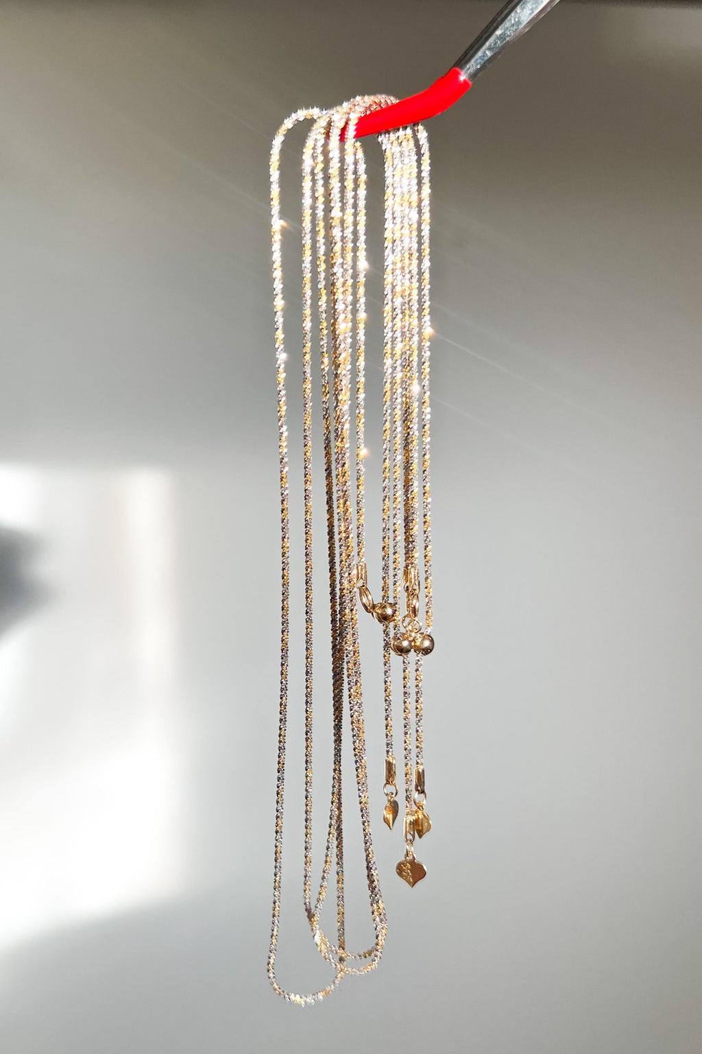 18K Solid Gold Two-Tone Sparkly Necklace, Adjustable Chain, Minimalist Layering Jewelry