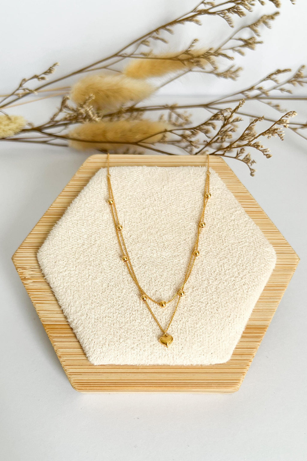 18K Solid Gold Double Strand Necklace with Heart Pendant, Dainty Layered Gold Necklace, Minimalist Jewelry, Gift for Her