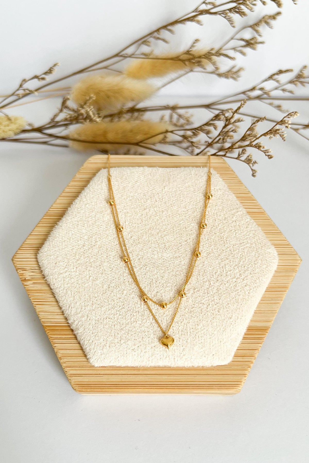 18K Solid Gold Double Strand Necklace with Heart Pendant, Dainty Layered Gold Necklace, Minimalist Jewelry, Gift for Her