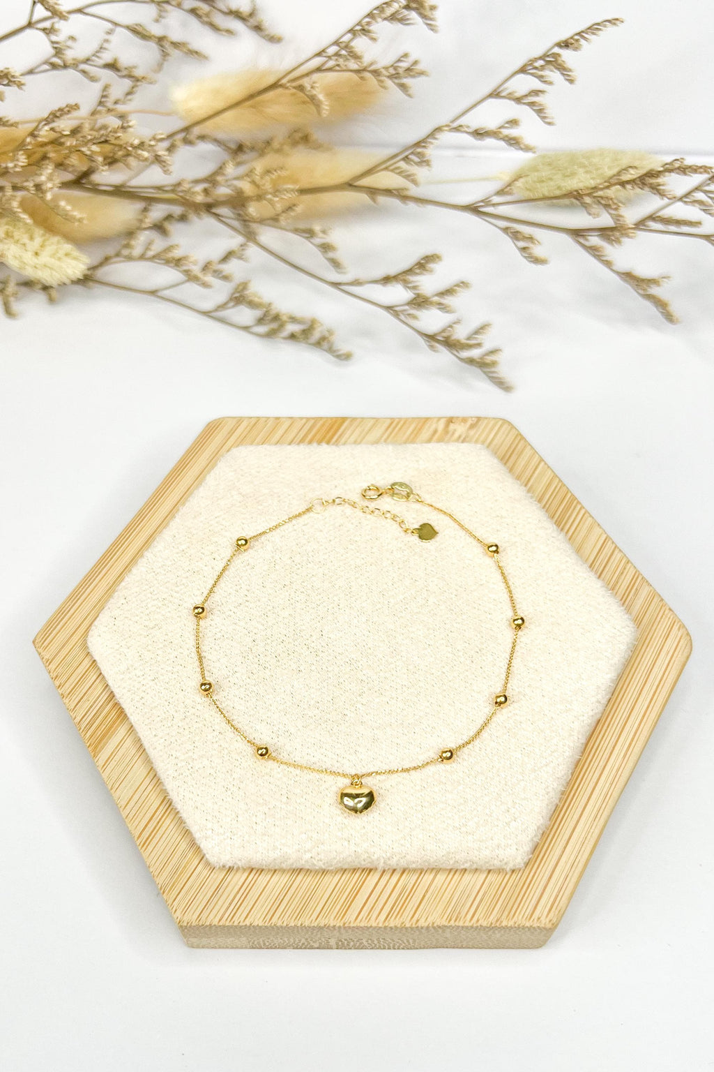 18K Solid Gold Beaded Bracelet with Heart - Double Strand Adjustable