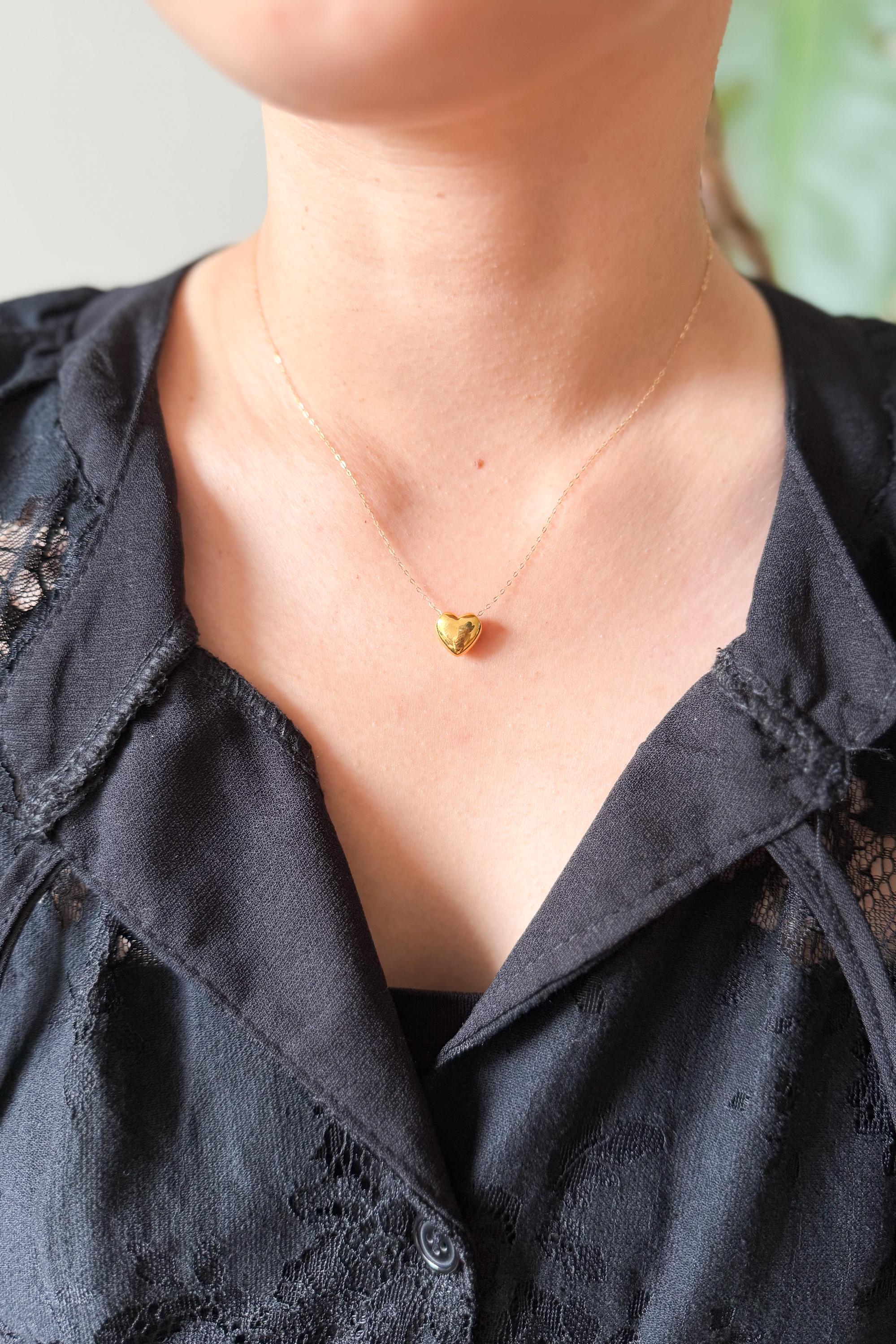 18K Solid Gold Heart Necklace, Floral Charm, Adjustable 16-18 Inch, Minimalist Jewelry