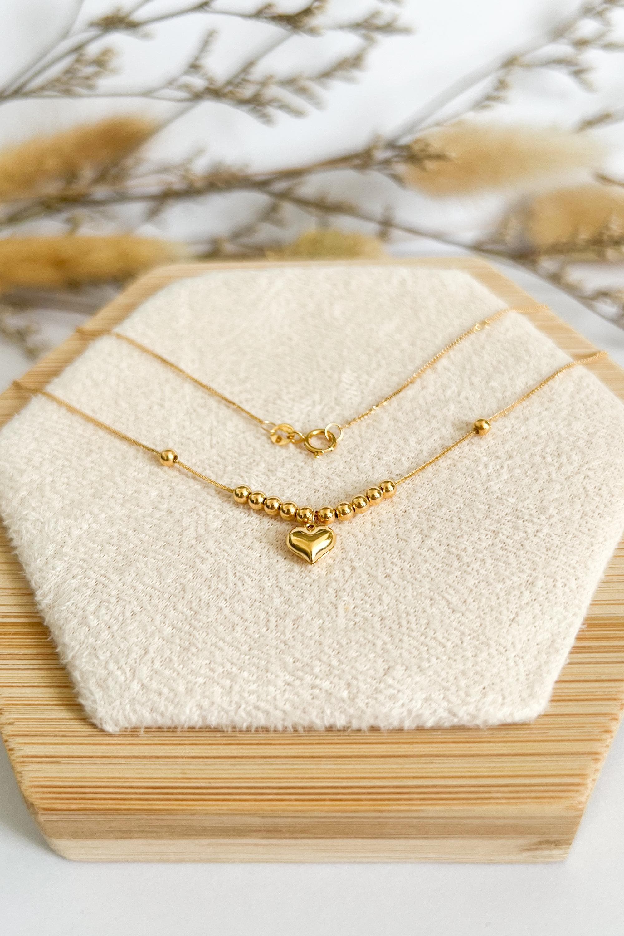 18K Solid Gold Heart Necklace, Beaded Chain, Non- Adjustable Length, Au750 Hallmark