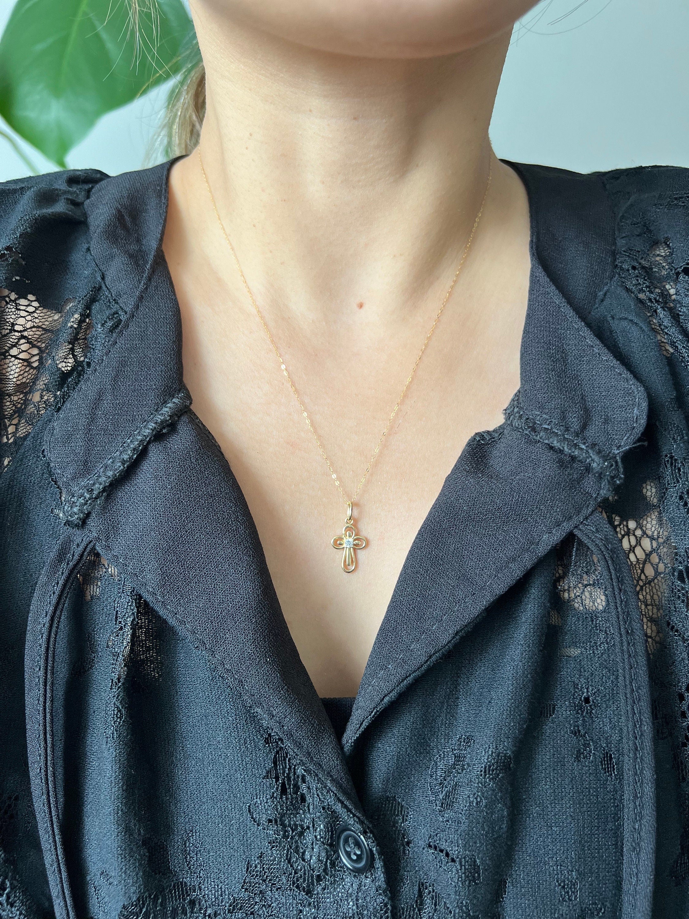 18K Solid Gold Cross Pendant, Minimalist Faith Jewelry, Dainty Religious Necklace