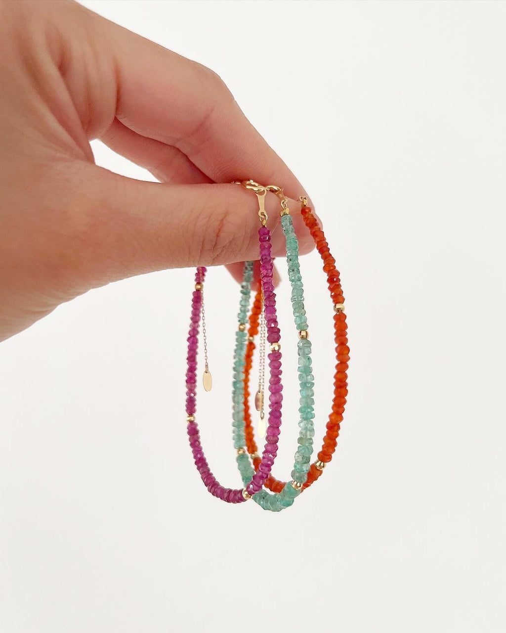 18K Gold Emerald Ruby Carnelian Beaded Bracelet, Dainty Natural Gemstone Jewelry