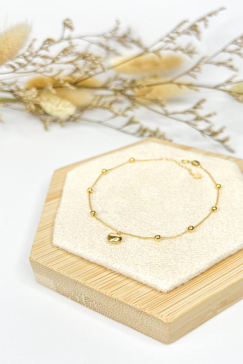 18K Solid Gold Beaded Heart Charm Bracelet, Minimalist Adjustable Jewelry