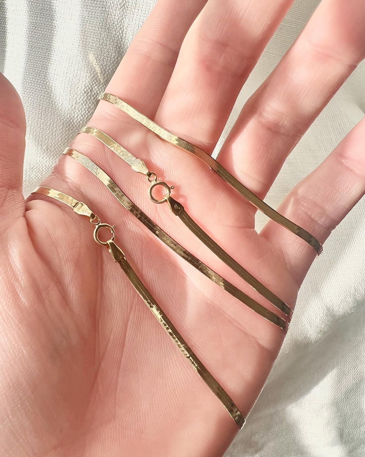 18K Solid Gold Flat Herringbone Chain Bracelet Necklace, 2.5mm Dainty Minimalist Jewelry