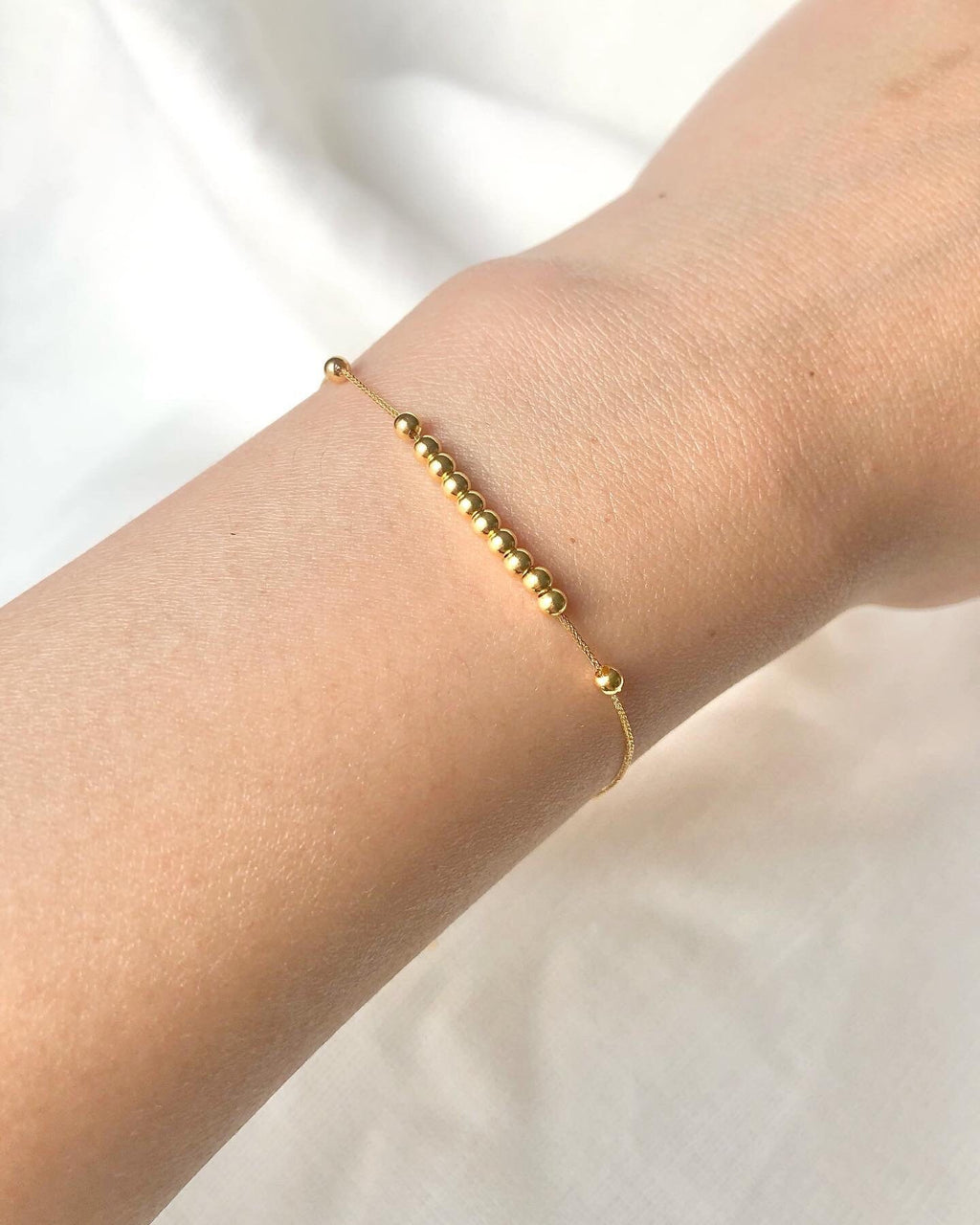 18K Solid Gold Running Beads Bracelet, Dainty Adjustable Minimalist Jewelry