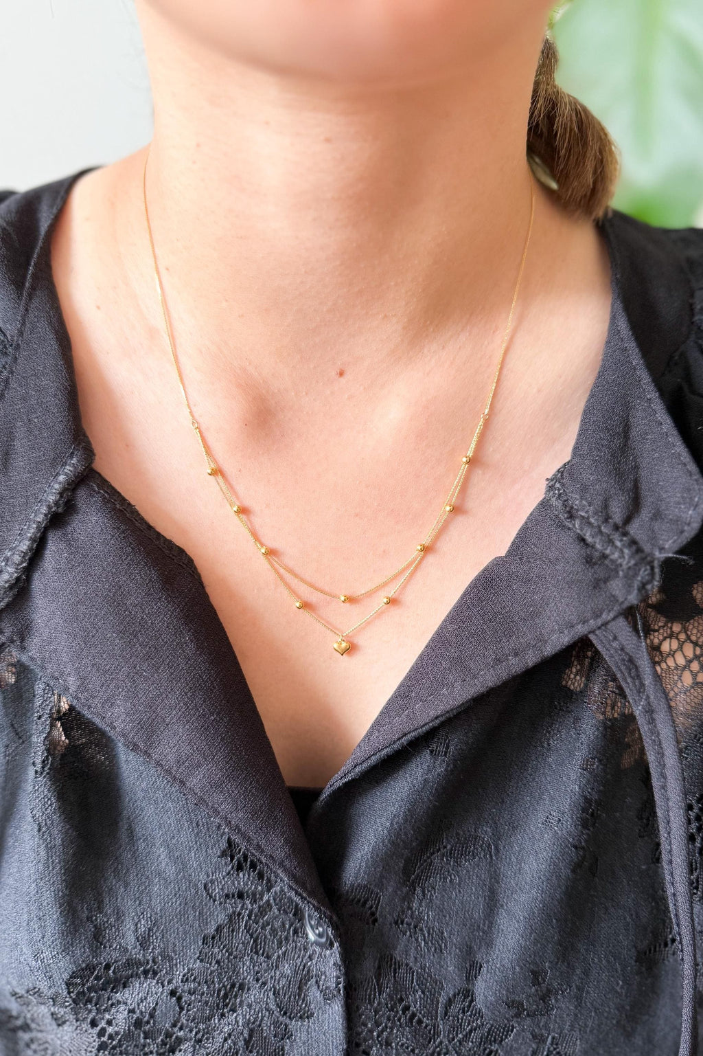 18K Solid Gold Double Strand Necklace with Heart Pendant, Dainty Layered Gold Necklace, Minimalist Jewelry, Gift for Her