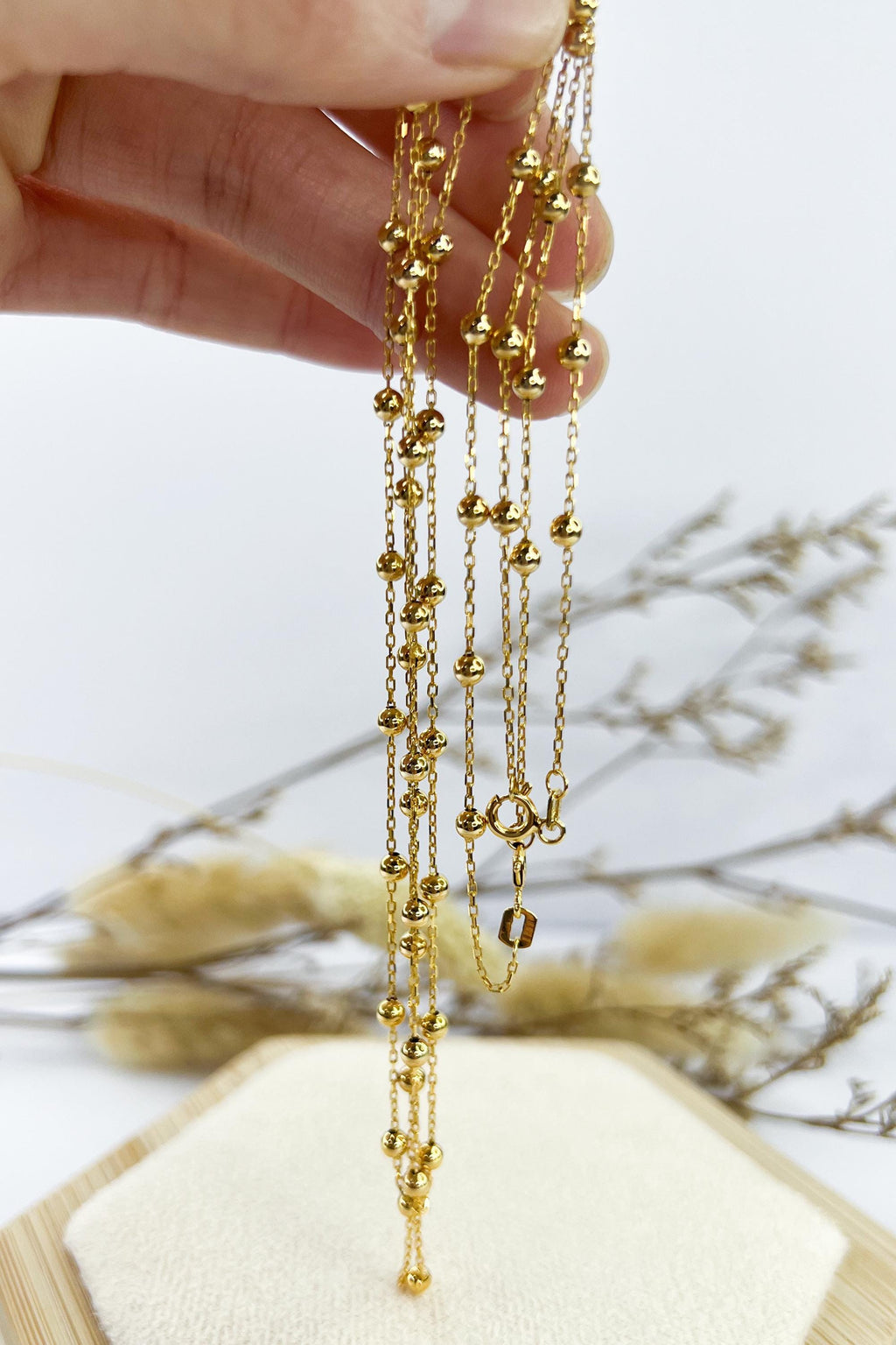18K Solid Gold Station Necklace - K18 - 17.5 inches - Collarbone Necklace - Gift for Her - Birthday Gift for Her, Ideal Gift for Her