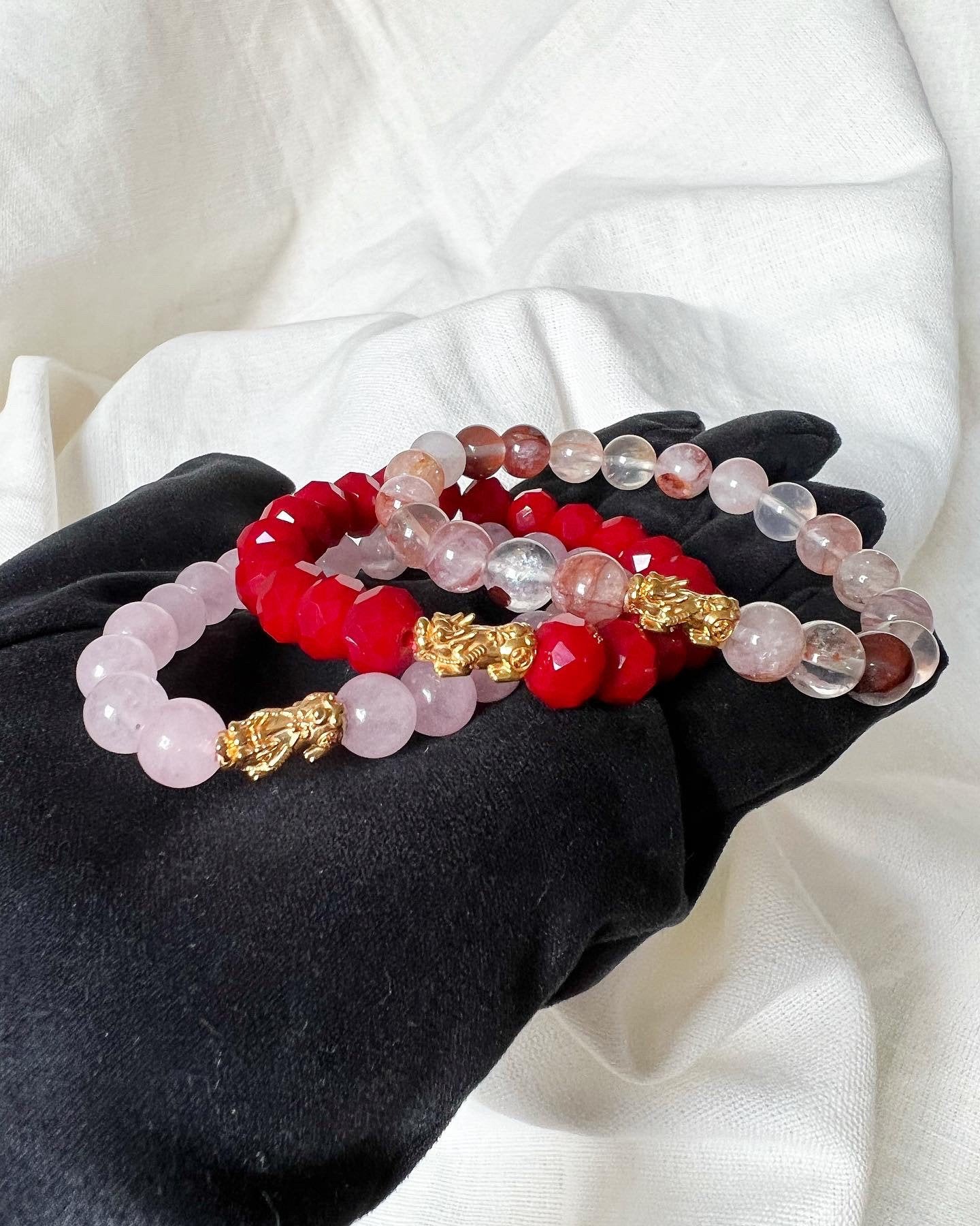 18K Gold Tiger Charm Bracelet, Rose Quartz, Red Coral, Lucky Gemstone Jewelry