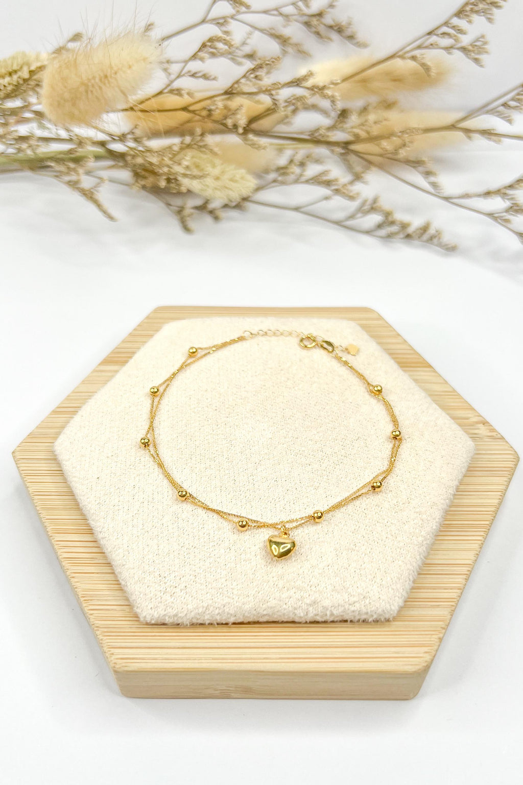 18K Solid Gold Beaded Bracelet with Heart - Double Strand Adjustable