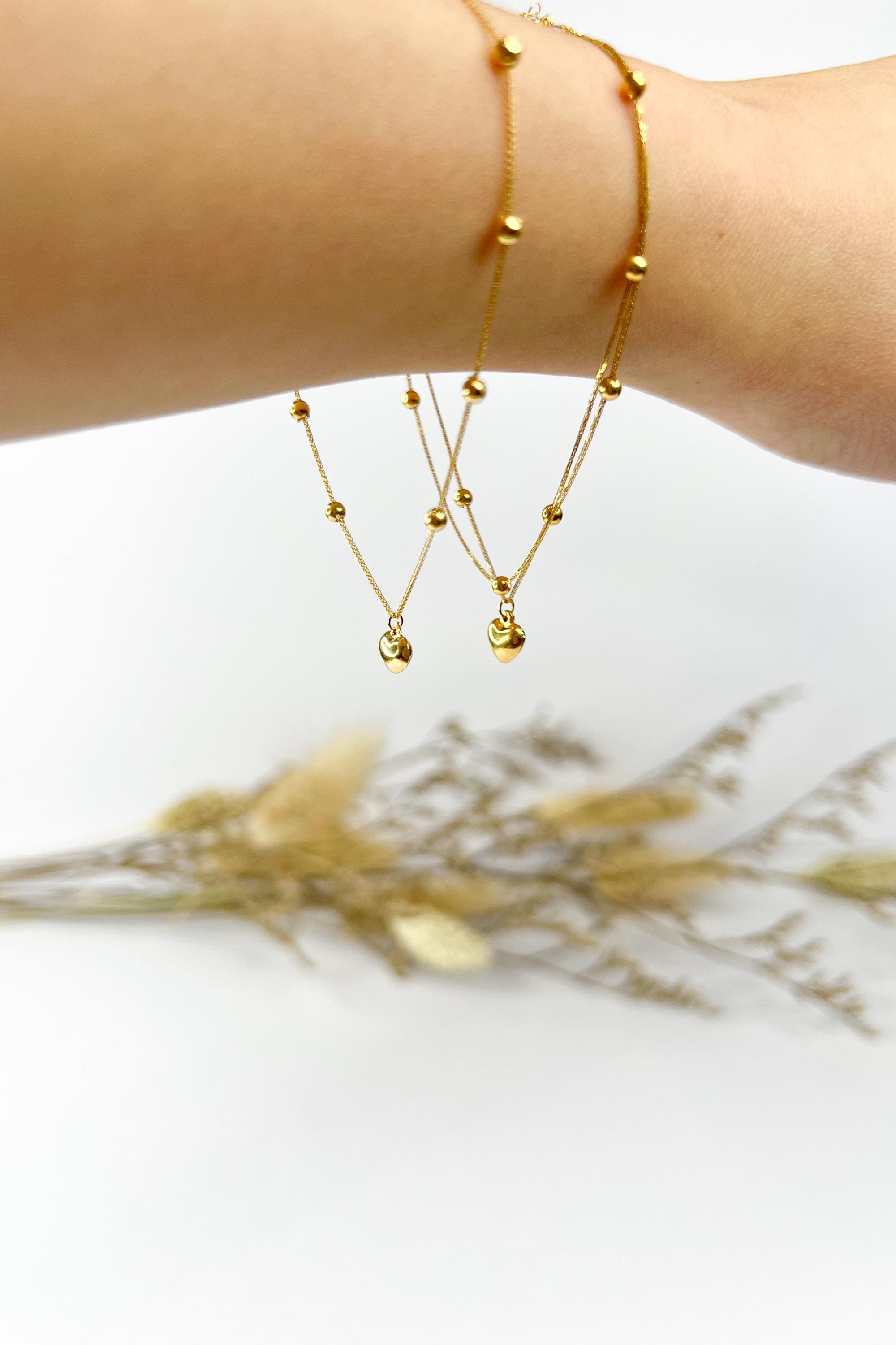 18K Solid Gold Beaded Heart Charm Bracelet, Minimalist Adjustable Jewelry