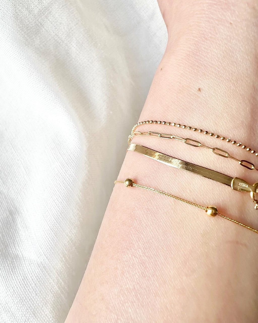 18K Solid Gold Double Strand Paperclip Beaded Bracelet, Dainty Layered Minimalist Jewelry