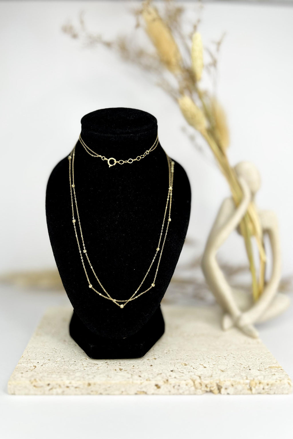 18K Solid Gold Double Strand Station Necklace, Dainty Layered Beaded Chain, Minimalist Jewelry