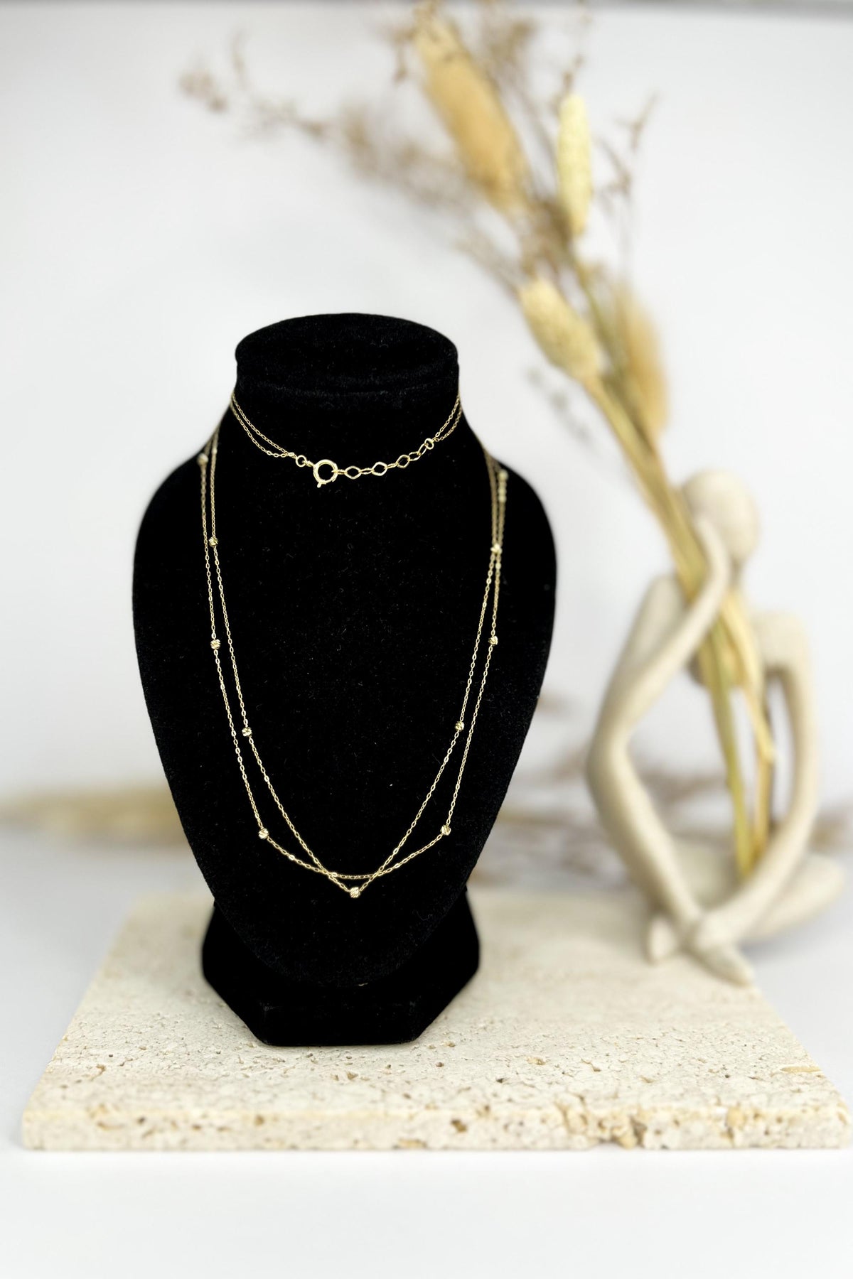 18K Solid Gold Double Strand Station Necklace, Dainty Layered Beaded Chain, Minimalist Jewelry