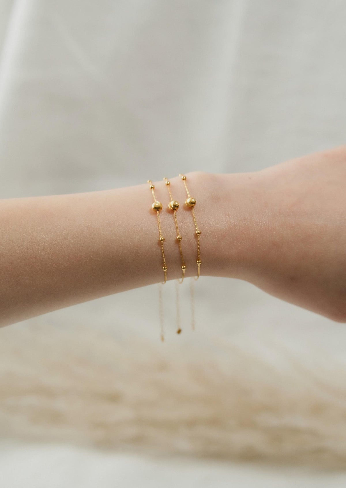 18K Solid Gold Beaded Bracelet, Adjustable Dainty Ladies Bracelet