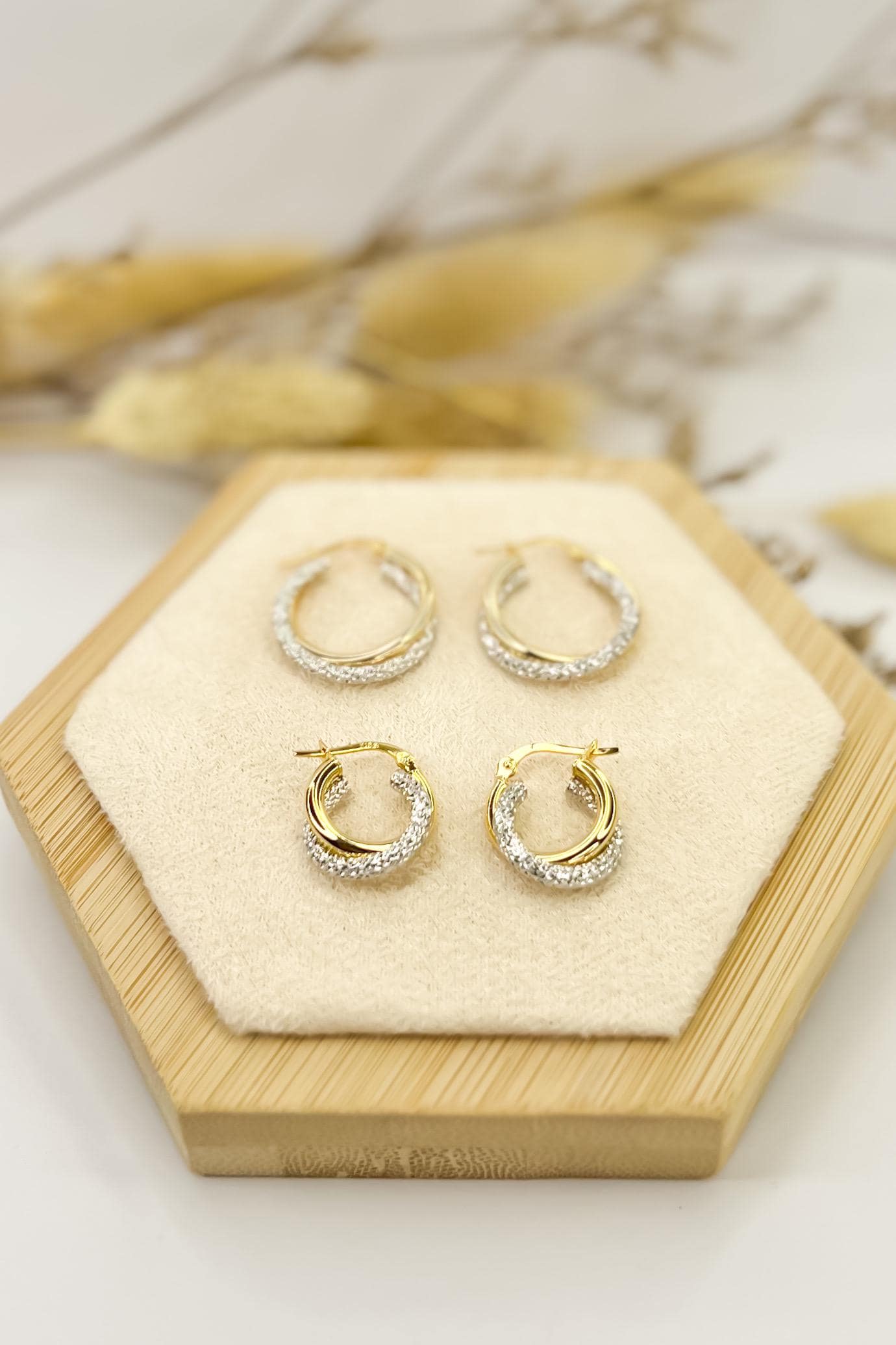 18K Solid Gold Two-Tone Hoop Earrings - Unique - Au750 - 15mm  Birthday Gift - Christmas Gift - Gift for Her - Bestseller Gift