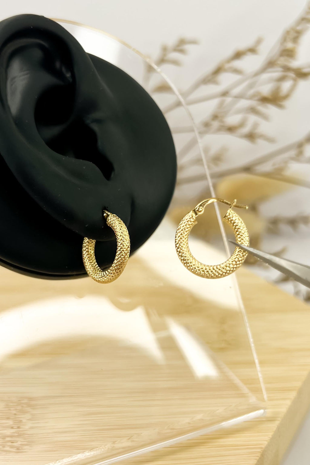 18K Solid Gold Textured Hoop Earrings -16mm - Thick & Unique - Dailywear - Best gift for her - Ideal gift for her - Birthday Gift for Her