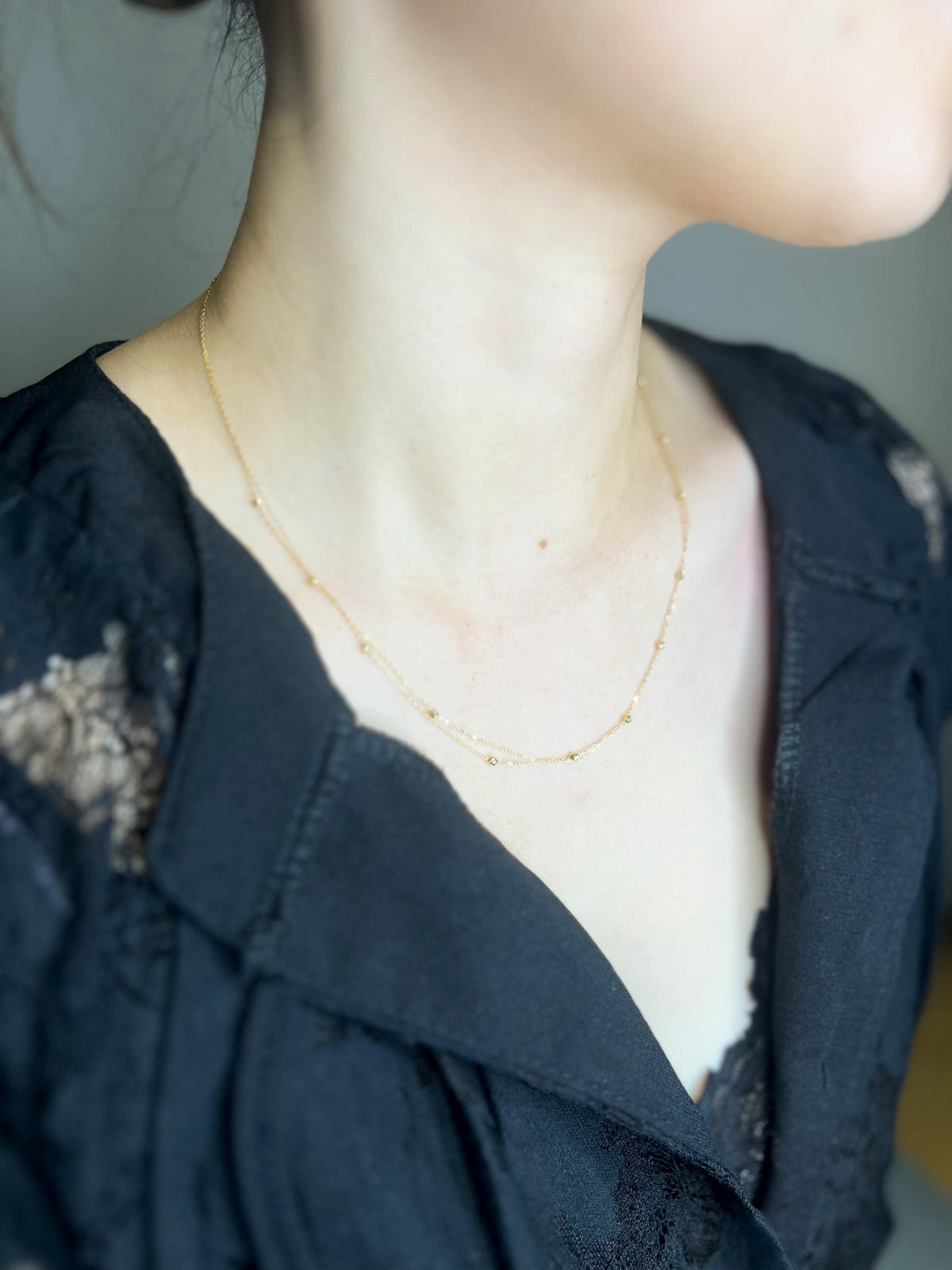 18K Solid Gold Double Strand Station Necklace, Dainty Layered Beaded Chain, Minimalist Jewelry