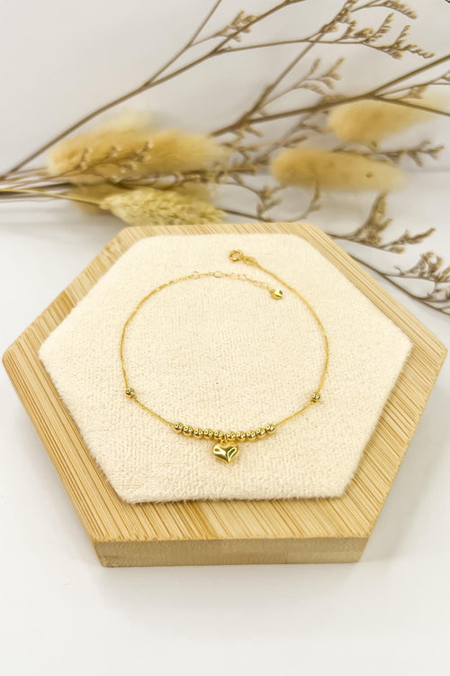 18k Solid Gold Beaded with Heart Centre Piece Charm Bracelet - Unique - Au750 - Yellow Gold - Ideal Gift for Her - Best Gift for her