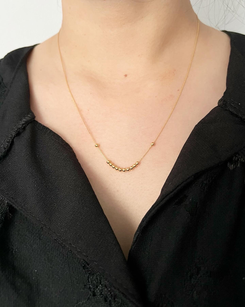 18K Yellow Gold Running Beads Necklace, Minimalist Dainty Chain, Solid Gold Jewelry
