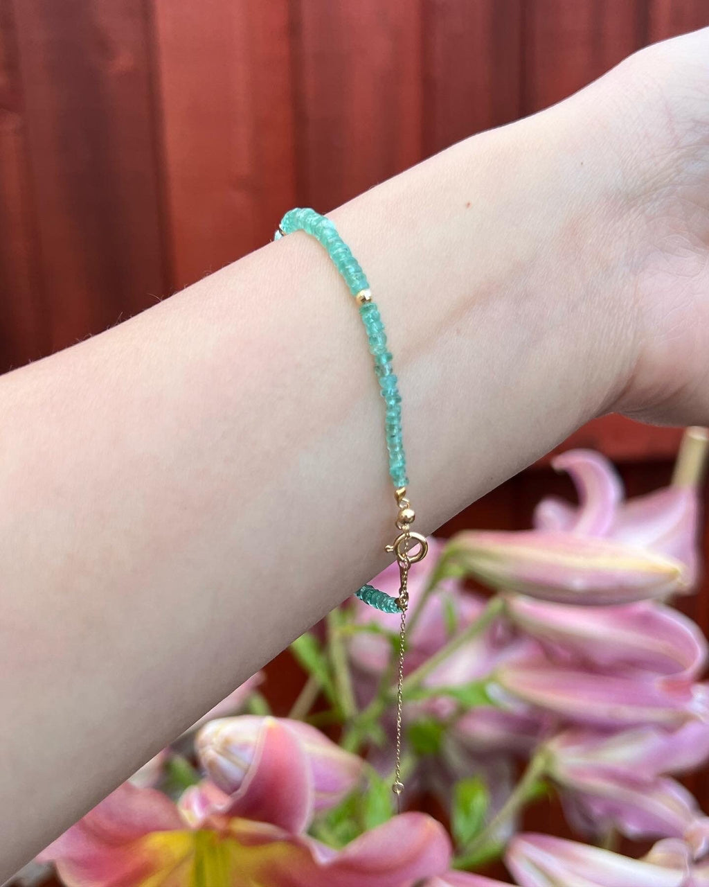 18K Gold Emerald Ruby Carnelian Beaded Bracelet, Dainty Natural Gemstone Jewelry