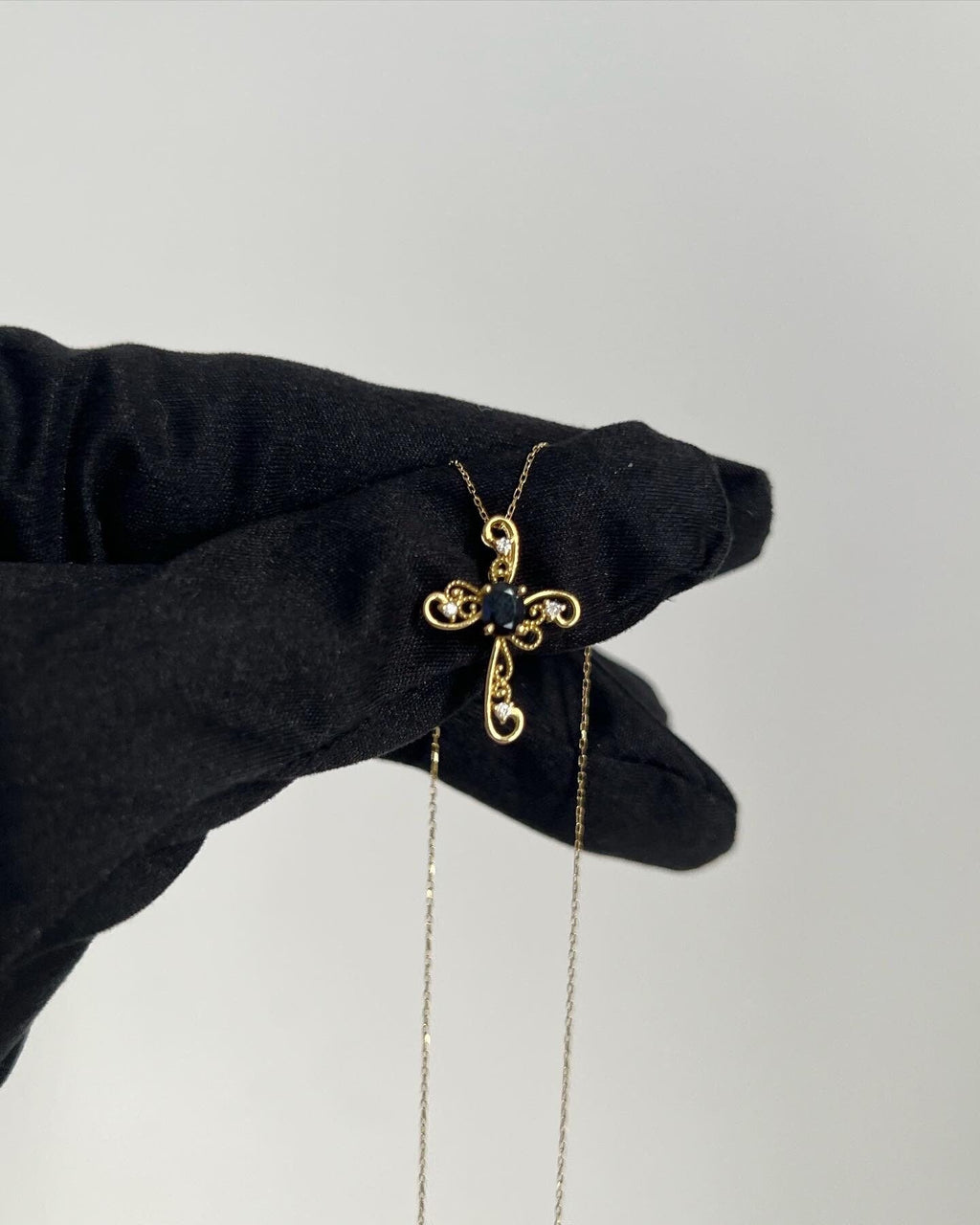 18K Solid Gold Cross Necklace, Diamond Sapphire, Dainty Religious Jewelry
