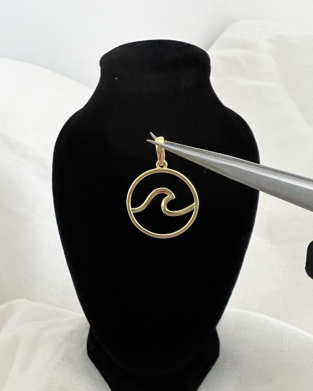 18K Solid Gold Wave Pendant Necklace, Minimalist Beach Jewelry, 15mm Dainty Charm