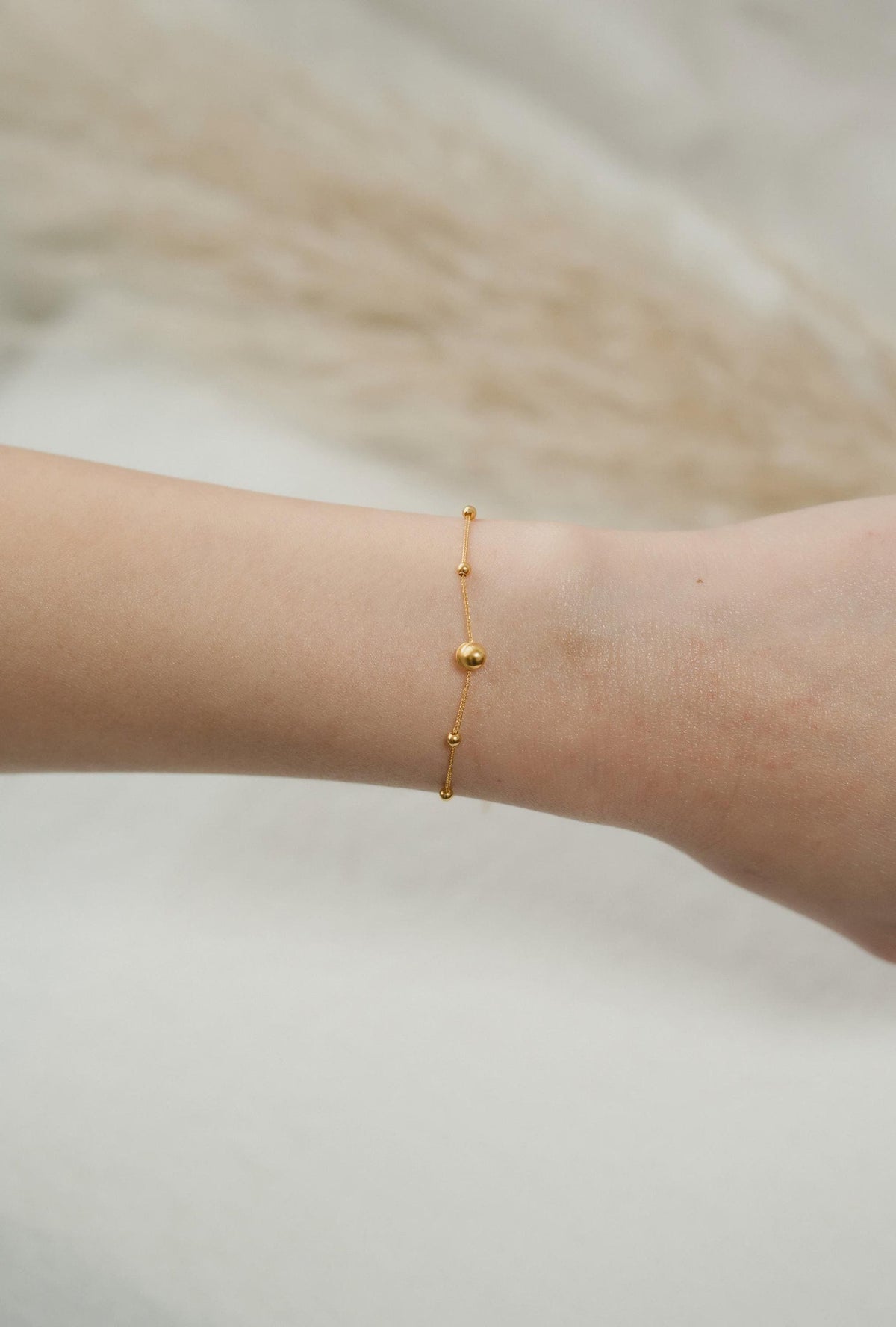 18K Solid Gold Beaded Bracelet, Adjustable Dainty Ladies Bracelet