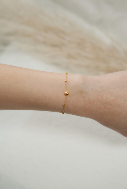 18K Solid Gold Beaded Bracelet, Adjustable Dainty Ladies Bracelet