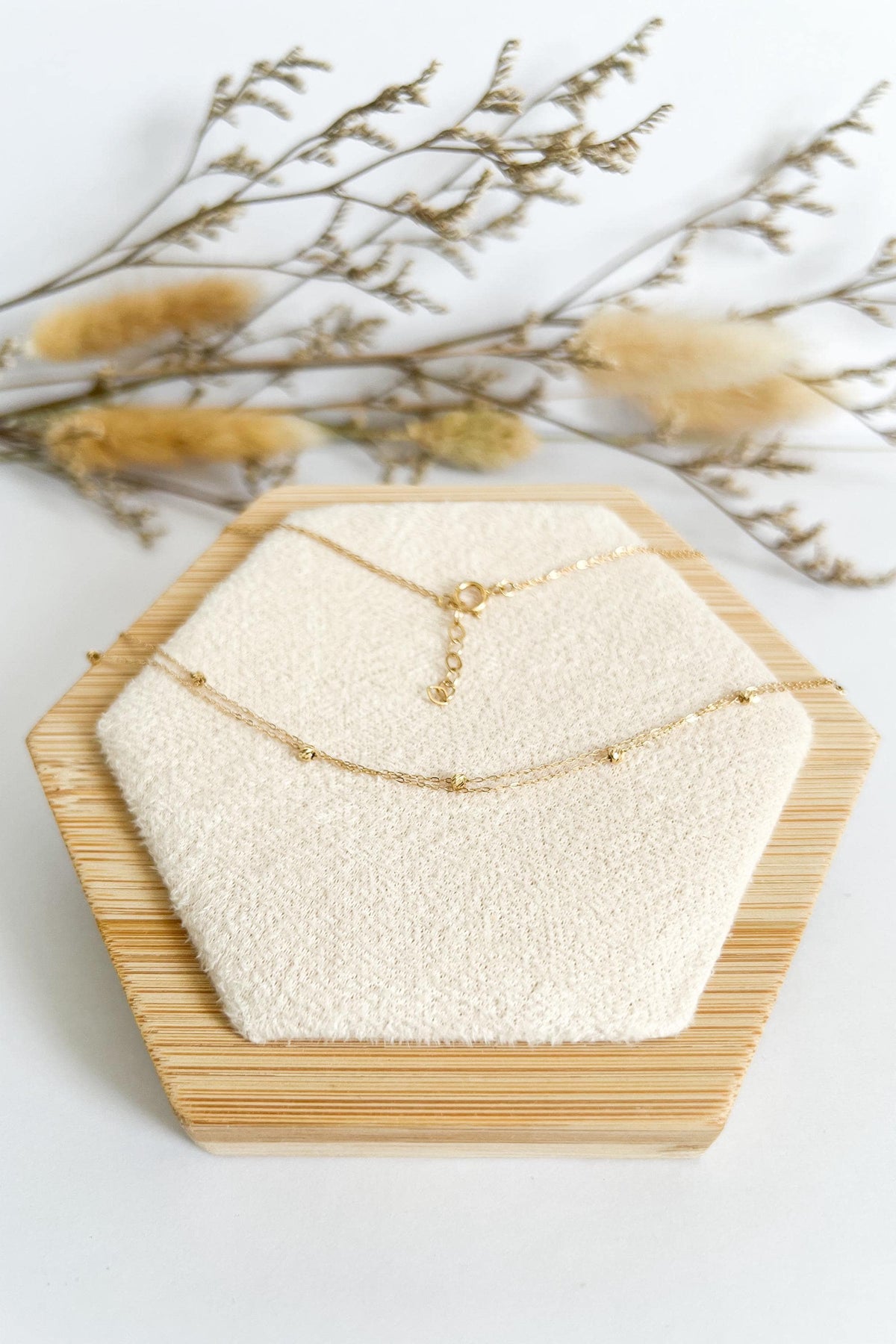 18K Solid Gold Double Strand Station Necklace, Dainty Layered Beaded Chain, Minimalist Jewelry
