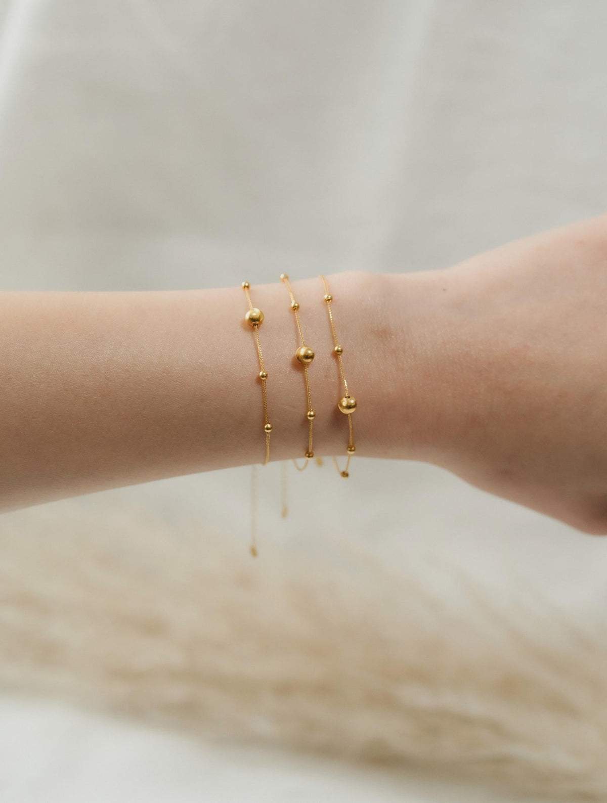 18K Solid Gold Beaded Bracelet, Adjustable Dainty Ladies Bracelet