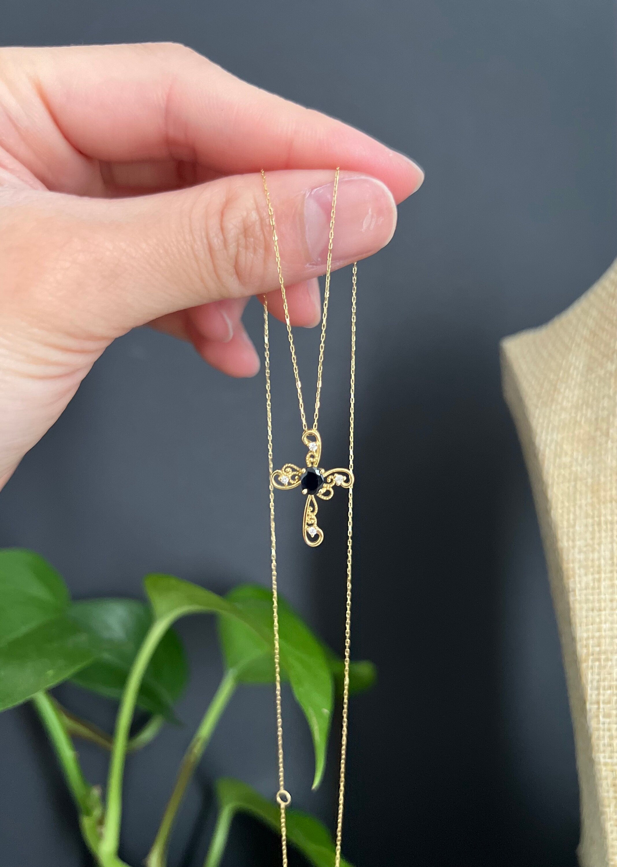 18K Solid Gold Cross Necklace, Diamond Sapphire, Dainty Religious Jewelry